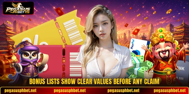 Bonus lists show clear values before any claim